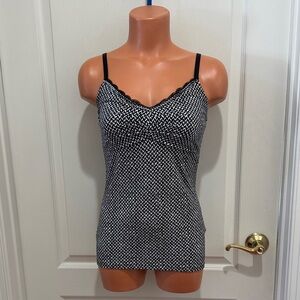 WHBM Lace Trim V Neck Cami Black White Herringbone Tweed Print XS EUC $69